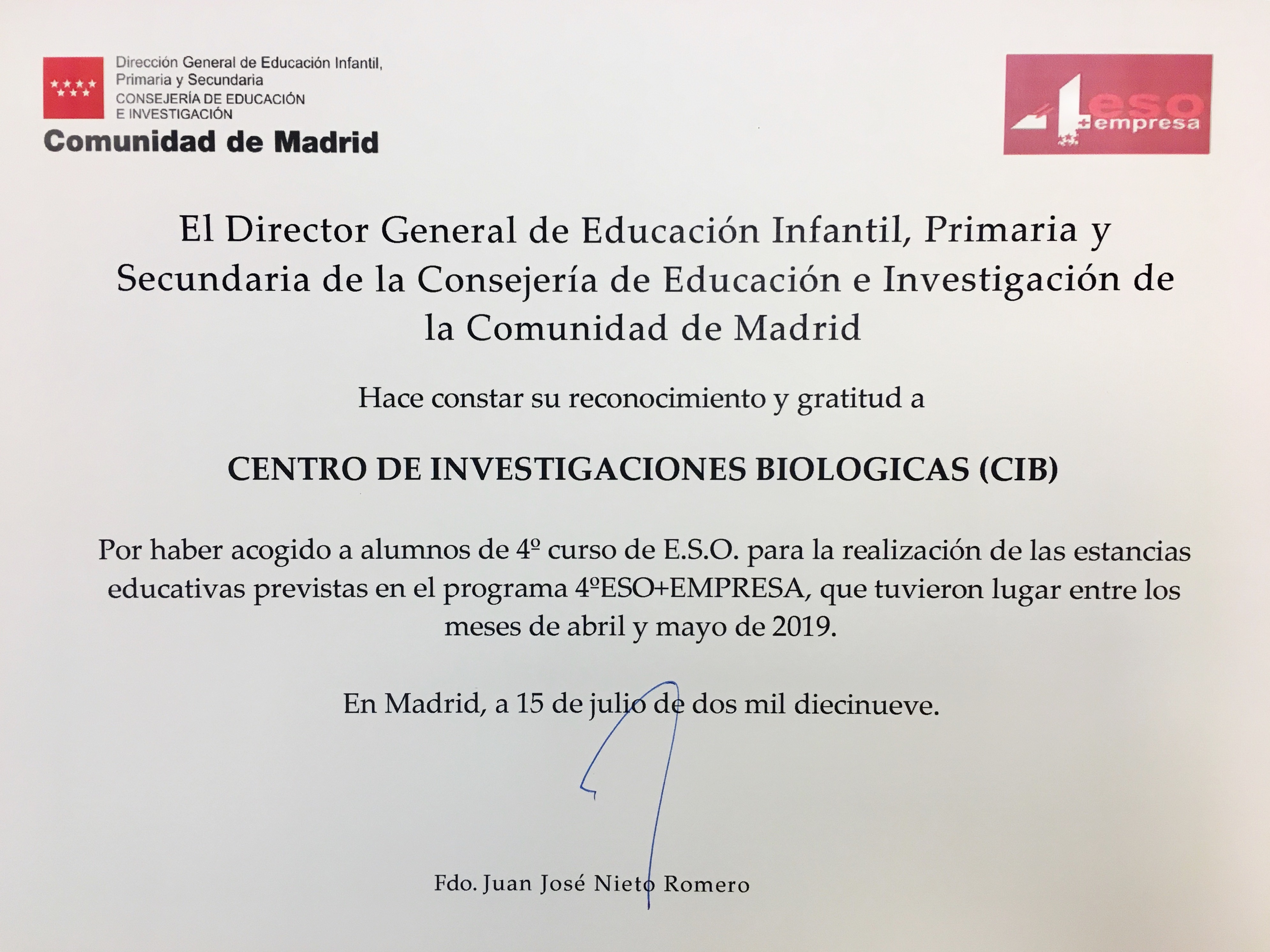 Diploma de reconocimiento y agradecimiento por participar en 4ºESO+Empresa