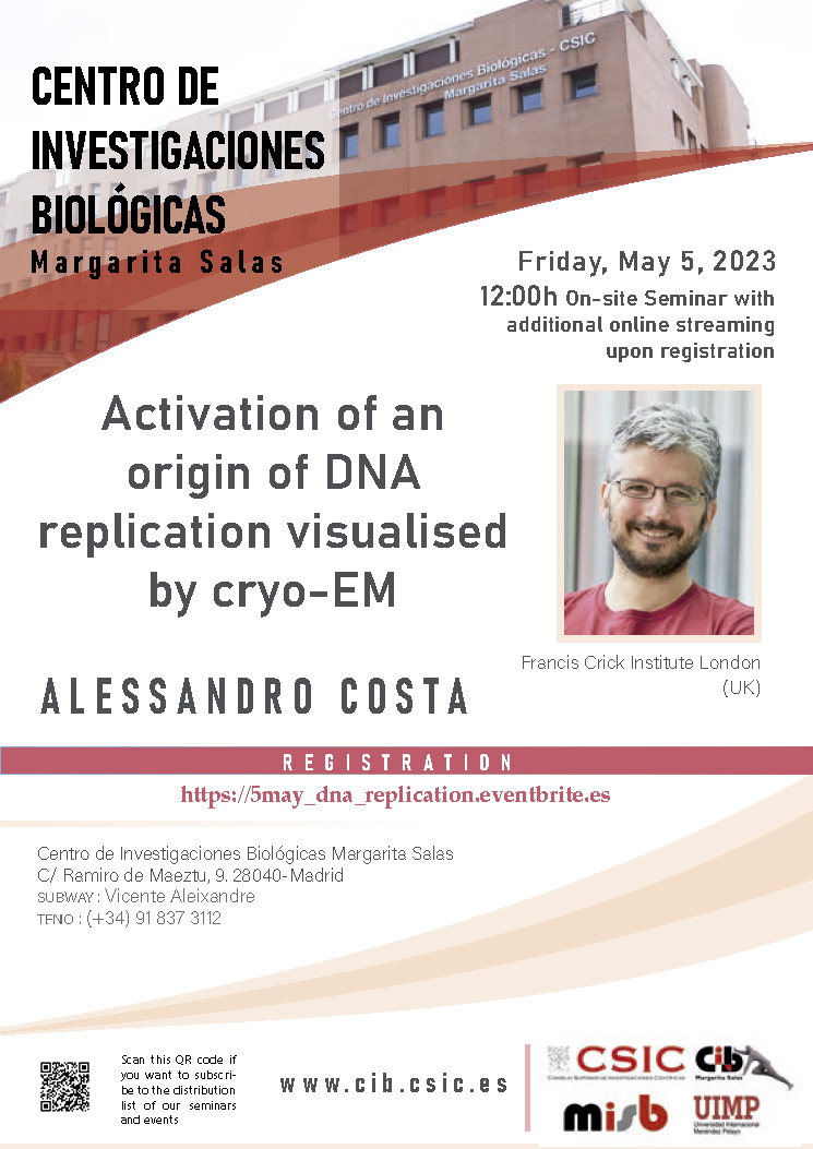Cartel del seminario de Alessandro Costa que tendrá lugar en el CIB Margarita Salas el 5 de mayo de 2023