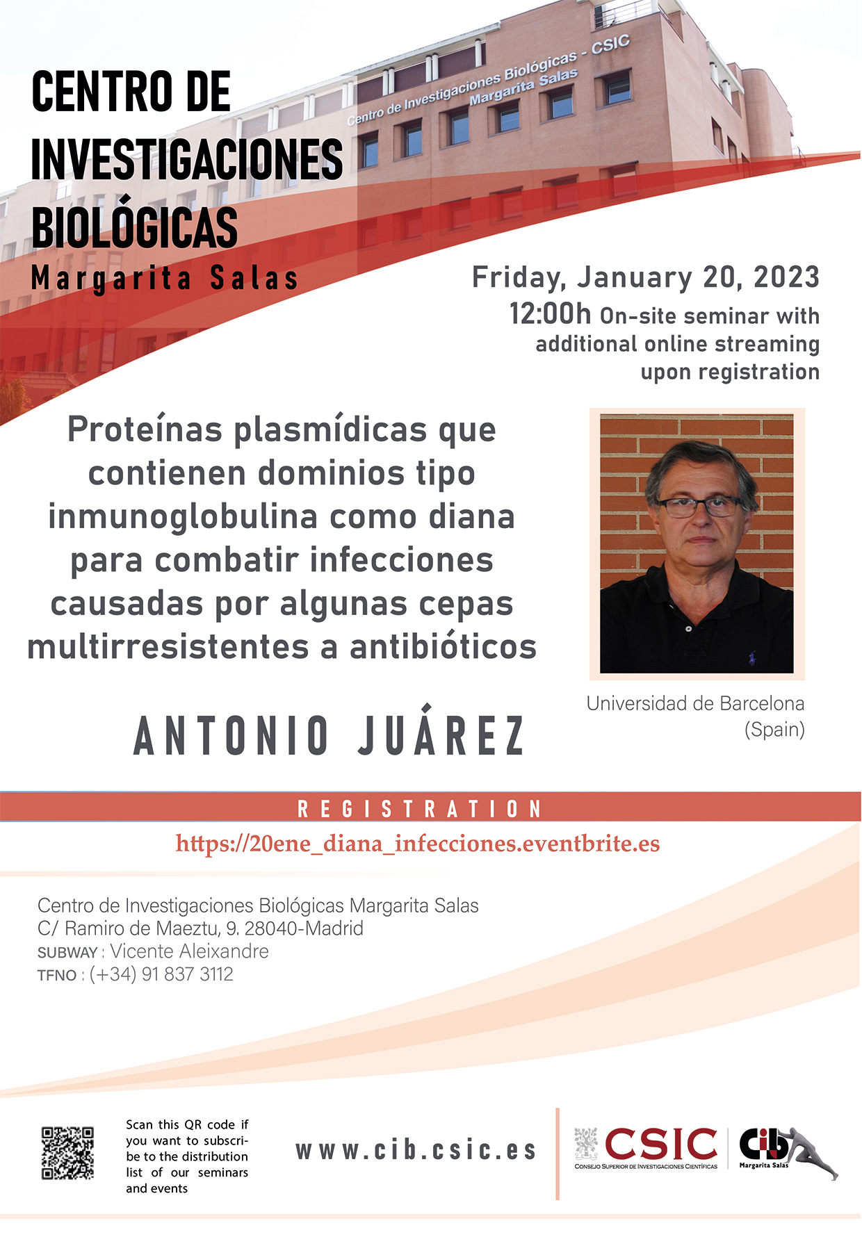 Cartel del seminario de Antonio Juárez, que tendrá lugar en el CIB Margarita Salas el 20 de enero de 2023 