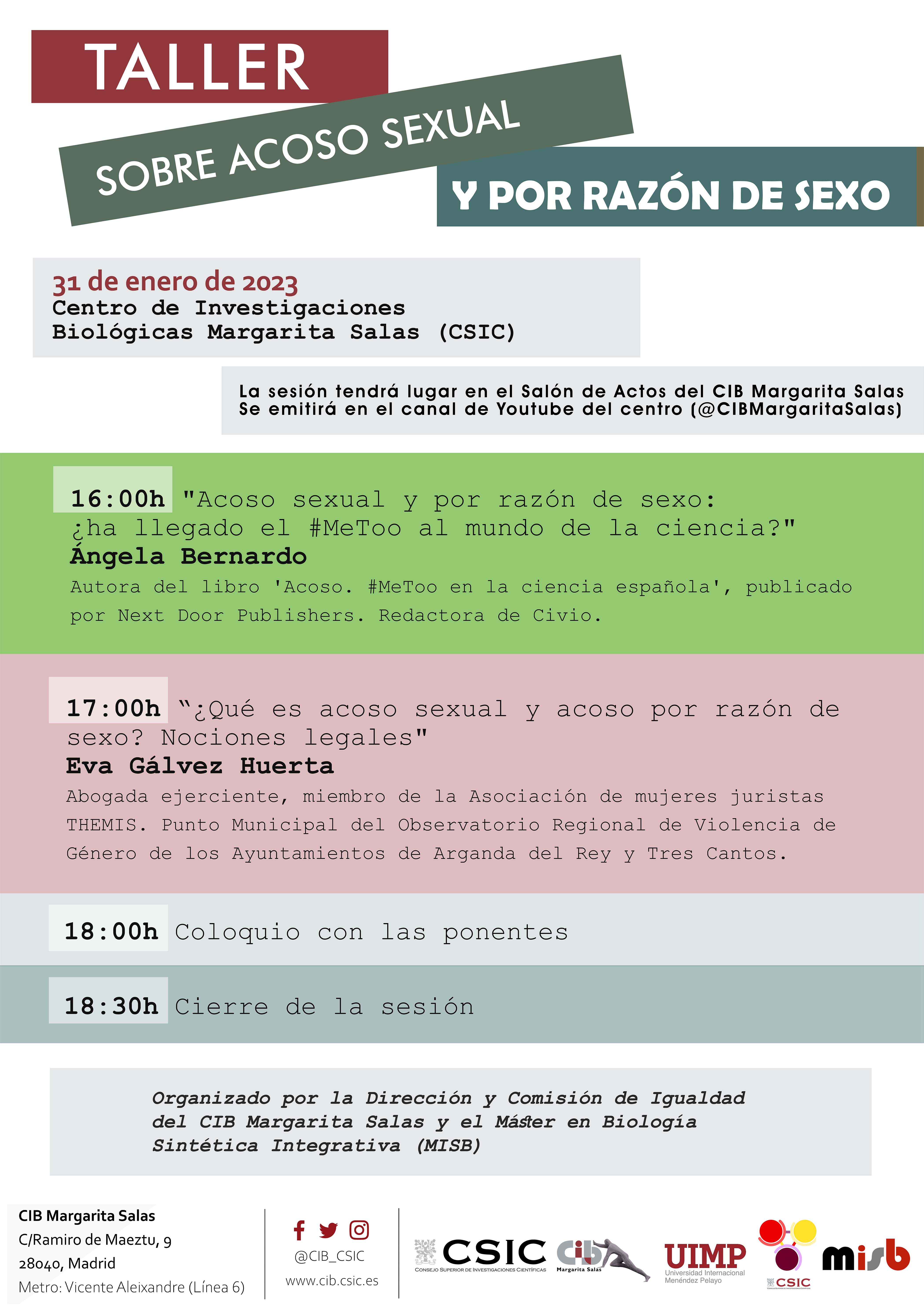 Cartel del Taller de Acoso sexual y por razón de sexo que se celebrará el 31 de enero de 2023