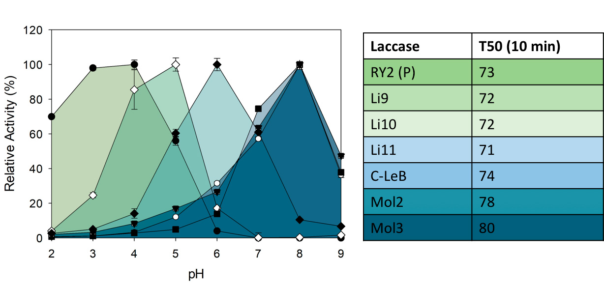 Shift of optimal pH (left) and variations in thermotolerance (right) through enzyme evolution pathway towards alkaliphilicity and thermophilicity; parent laccase RY2 (white diamonds) and evolved laccase variants, Li9 (black diamonds), Li10 (white circles), Li11 (black squares), C-LeB (white squares), Mol2 (black circles) and Mol3 (black inverted triangles). The activity profile of the original wild PM1 laccase (black circles) is also shown. [Credited to Biotechnology for Biofuels and Bioproducts]