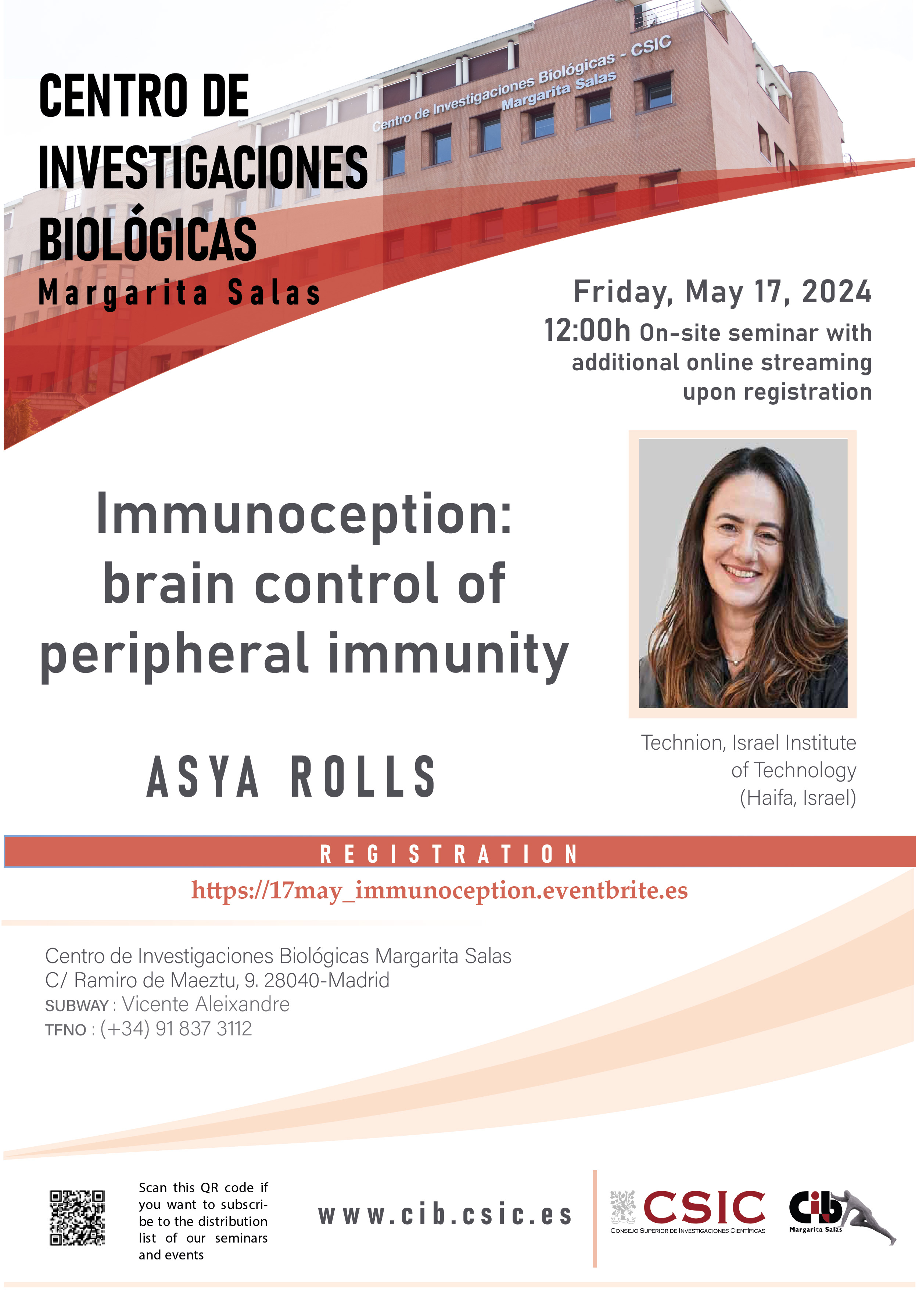Cartel del seminario de Asya Rolls que tendrá lugar en el CIB Margarita Salas el 17 de mayo de 2024