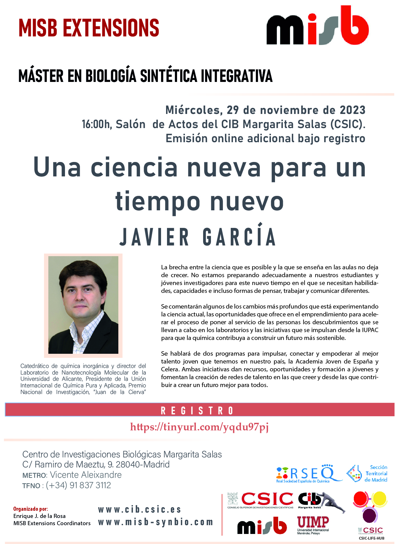 Cartel de la charla de Javier García del 29 de noviembre de 2023