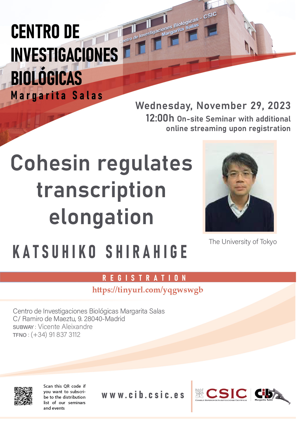 Cartel del seminario de Katsuhiko Shirahige el 29 de noviembre de 2023