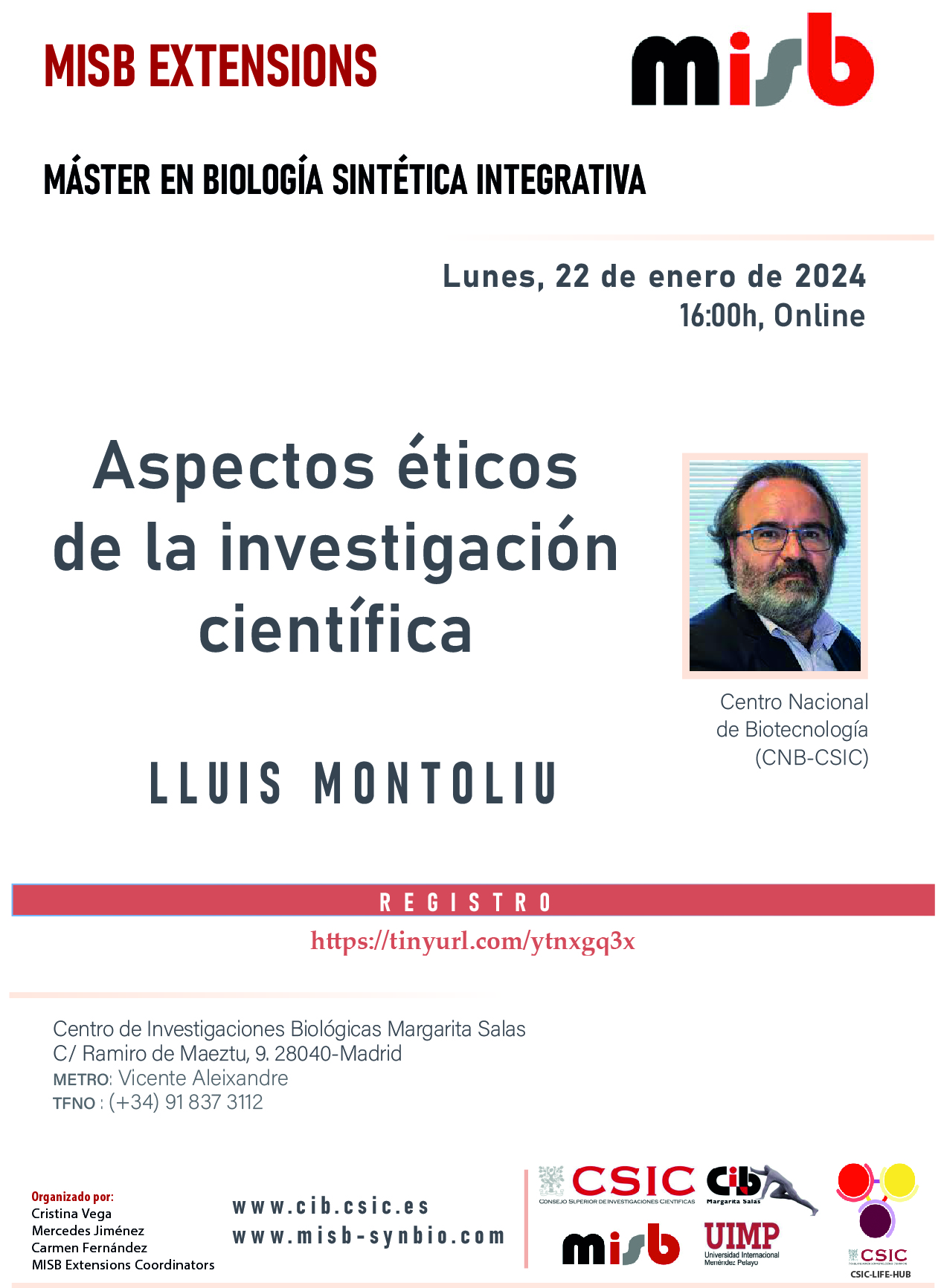 Cartel del seminario de Lluis Montoliu del 22 de enero de 2024