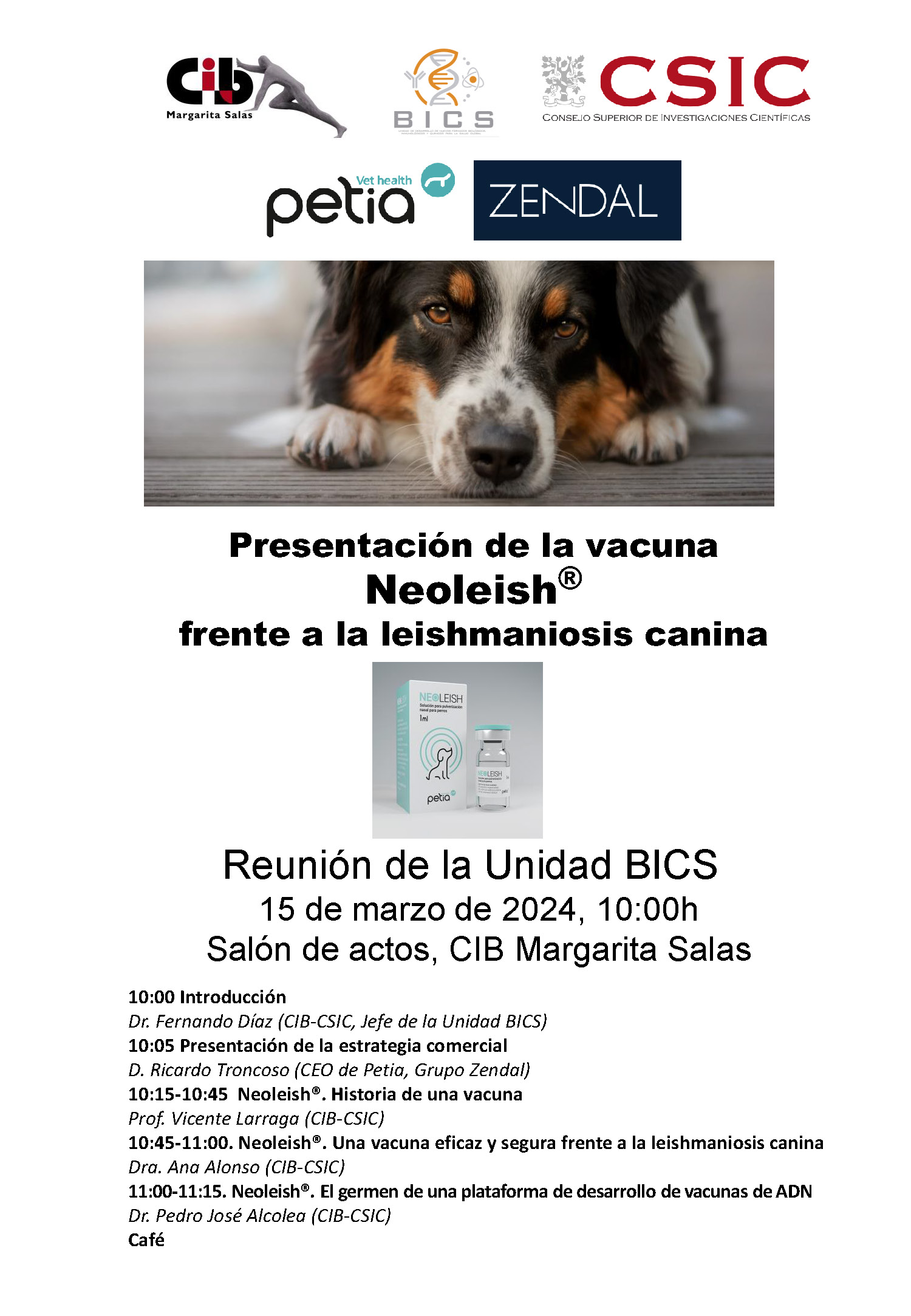 Cartel de la Presentación de la vacuna Neoleish® frente a la leishmaniosis canina del 15 de marzo de 2024