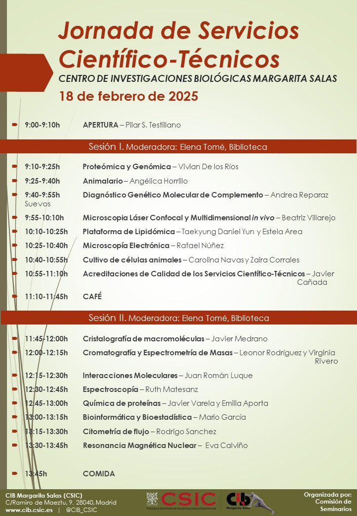 Cartel de la Jornada de Servicios Científico-Técnicos del CIB Margarita Salas del 18 de febrero de 2025