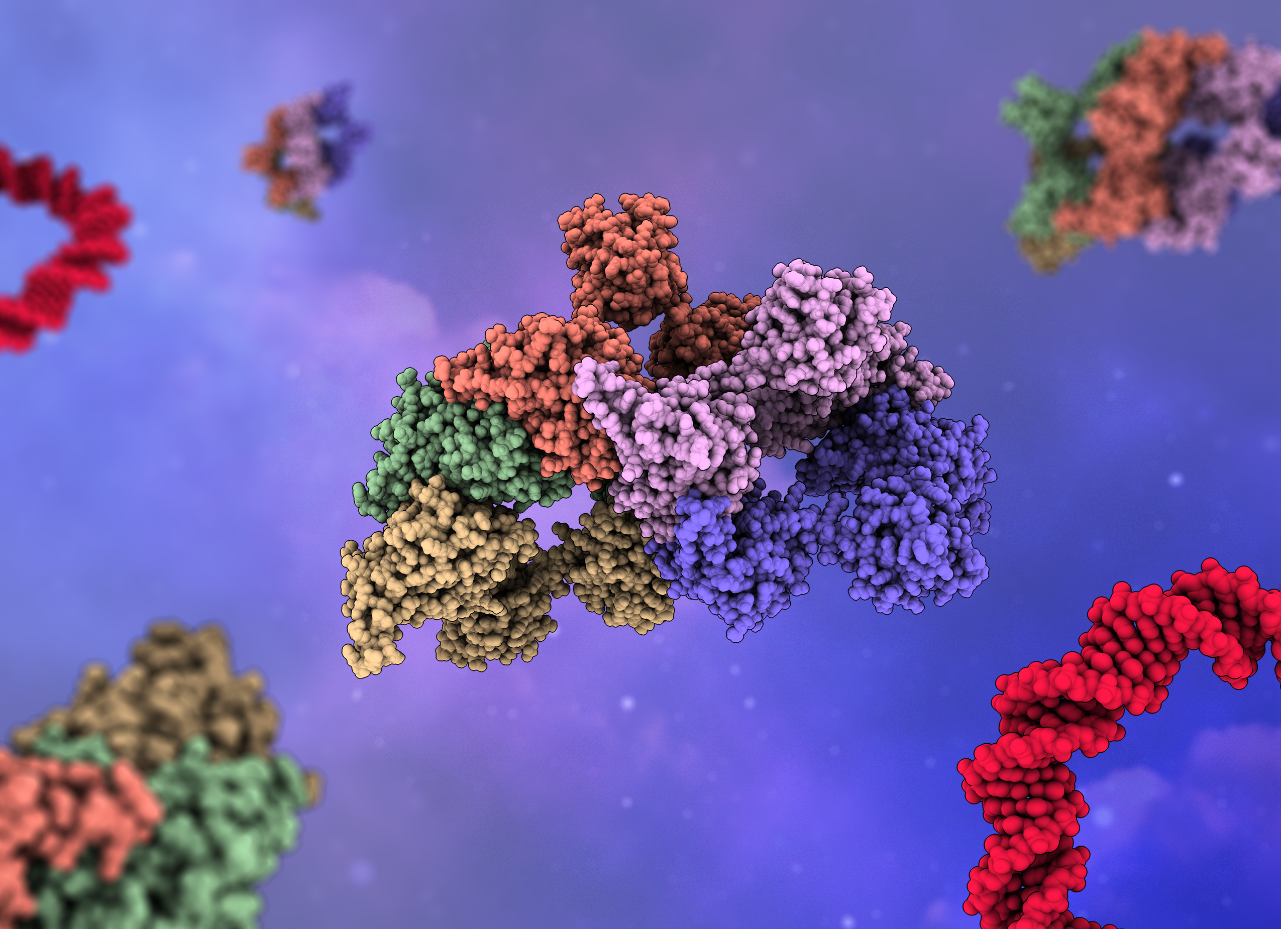Representación artística de máquinas macromoleculares implicadas en transposición de ADN.
